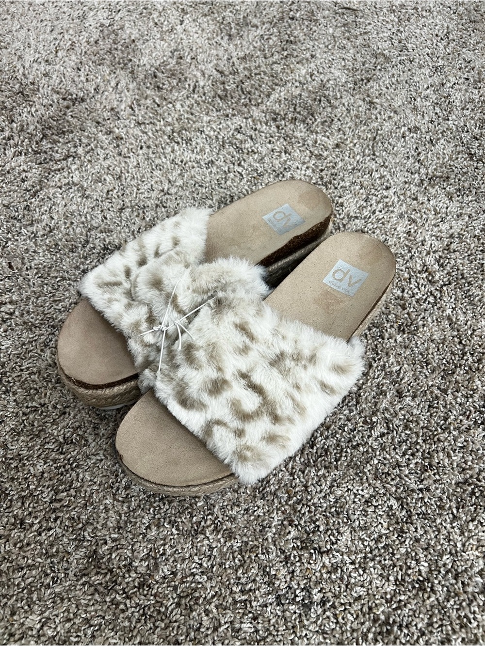 Faux Fur Platform Slide Sandals in Beige - Comfortable Women’s Slides